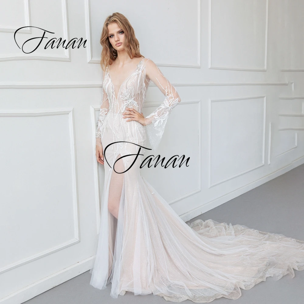 

Женское свадебное платье с юбкой годе, белое платье с длинным рукавом, высоким разрезом, прозрачной кружевной аппликацией и открытой спиной...