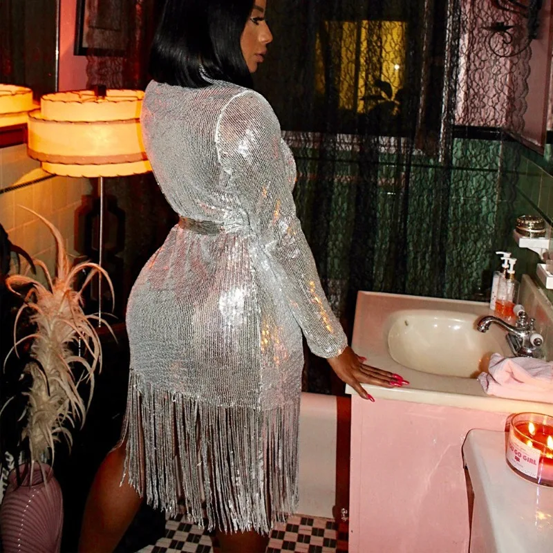 Женское блестящее платье с кисточками сексуальные платья v-образным вырезом и