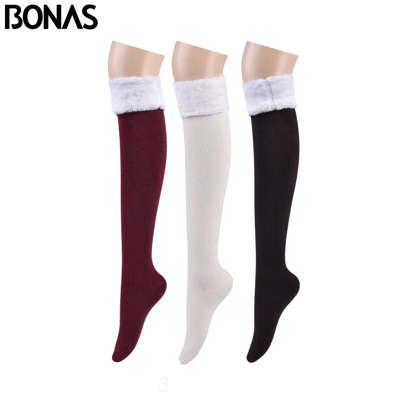 Red White Coffee BONAS, 3 шт., гольфы, теплые чулки, Женские однотонные гольфы, женские хлопковые чулки для девочек, пушистые зимние носки, 53 см - Цвет: Red White Coffee
