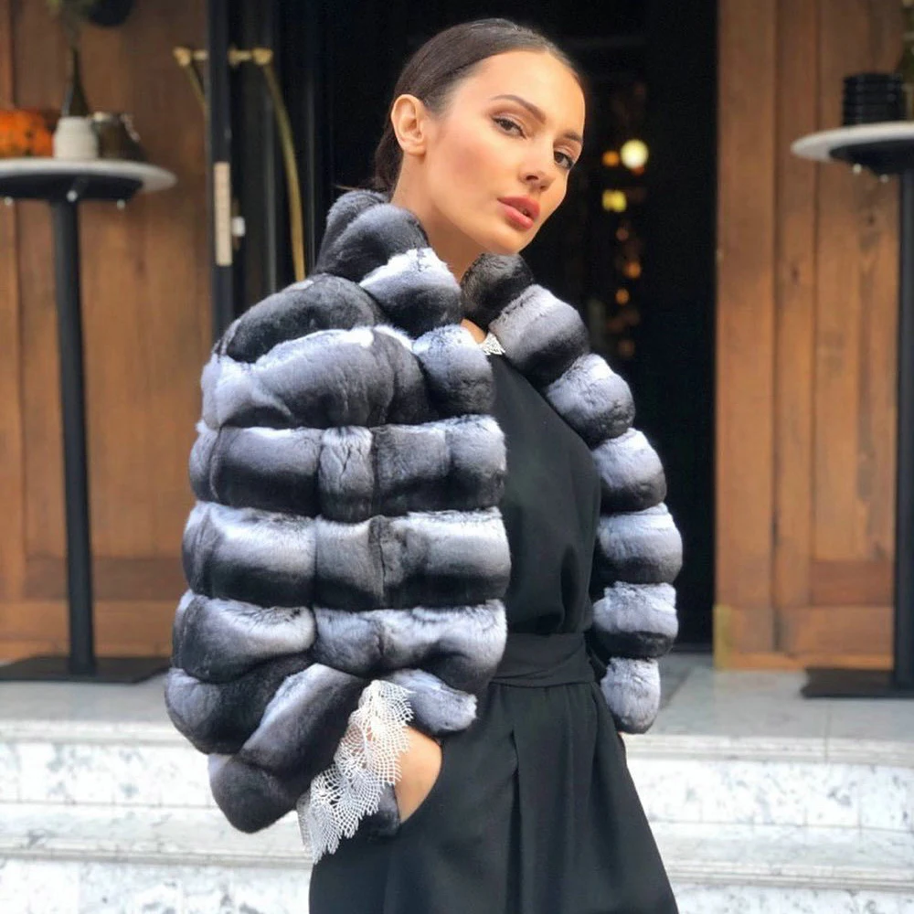2022 Trendy Women Natural Rex Rabbit Fur Coat Stand Collar Winter Fashion Chinchilla Color Genuine Rex Rabbit Fur Jacket Outwear