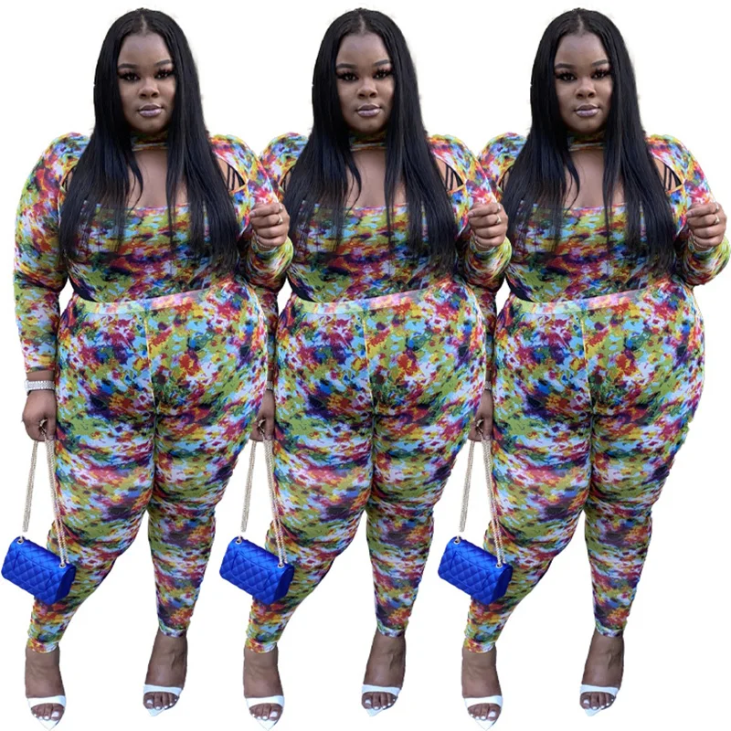 

2021 Women New Fashion Street Hip Hop Style Sets Long Sleeve Round Neck Top Elastic Long Pants Printed Two Piece Sets