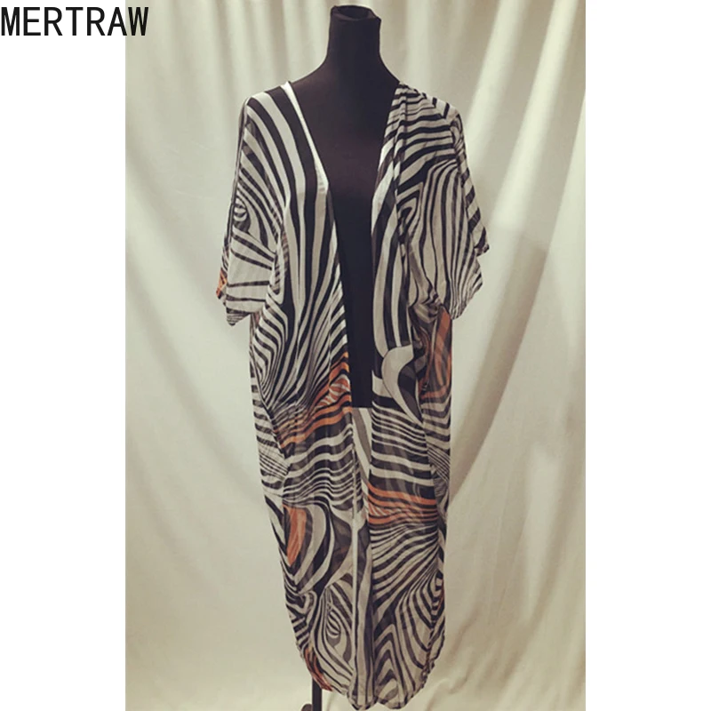 

Women's European and American Sun Shirt Women's Chiffon Print Black and White Striped Beach Skirt Bikini Blouse Vacation