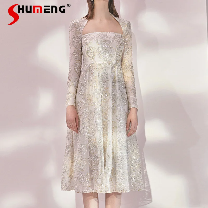 

Женское вечернее платье с вышивкой, блестками и квадратным вырезом