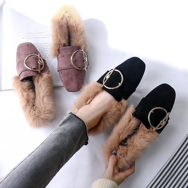 

TIMETANG Buckle Rabbit Fur Women Shoes Metal Flats Square Toe Flats Winter SlidingShoes Plus Size Zapatos de Mujer BlackPinkE952