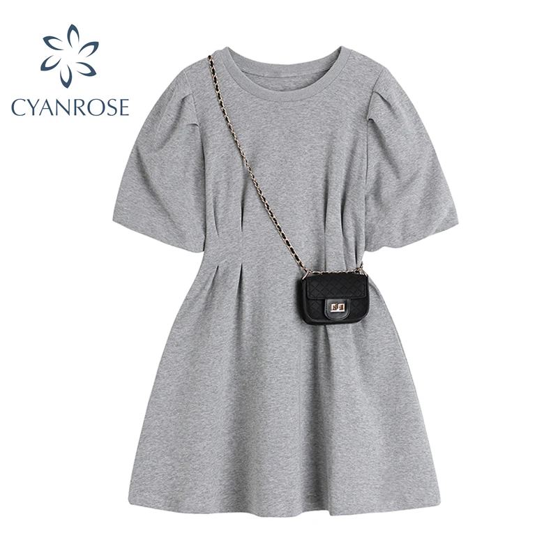 Летнее женское платье футболка с круглым вырезом и закрытой талией Повседневное