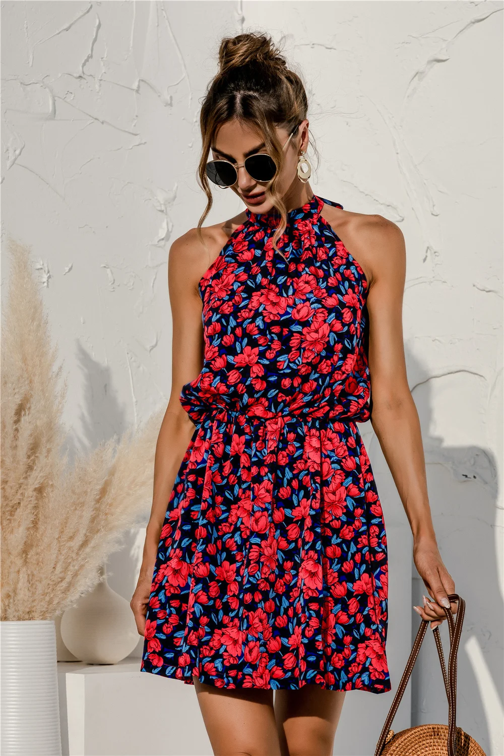 

Womens Fashion Off Shoulder Halter Bandage Floral Print Sleeveless Dress Summer Casual Loose Short Dress Streetwear