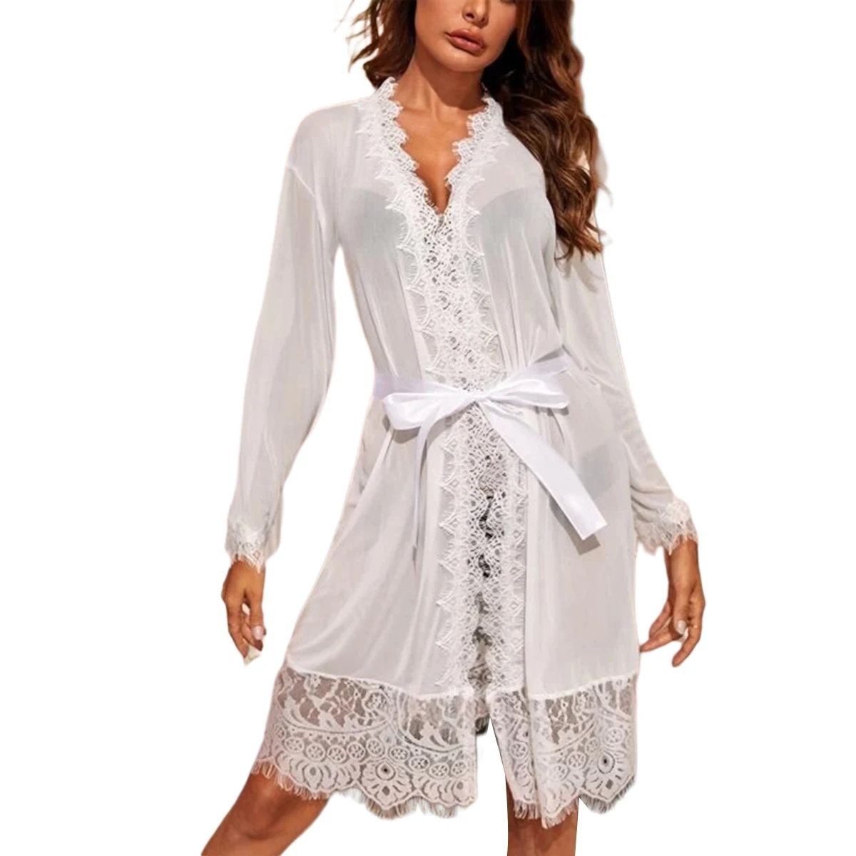 

Female Sexy Thin Nightdress White Long Sleeve Deep V-neck Lace Nightwear Big Size Women Nightwear Robes Lace Pajamas Nightdress
