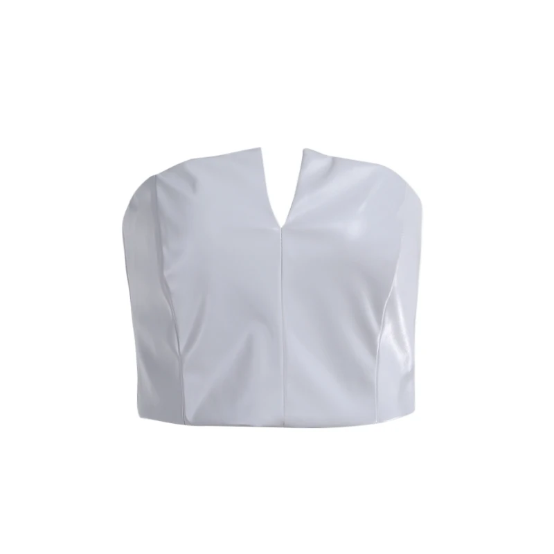 

InstaHot Faux Leather Crop Top Women V Cut Strapless Solid Tank Top Streetwear Casual Sexy Tank Top 2021 Summer Fashion Vest