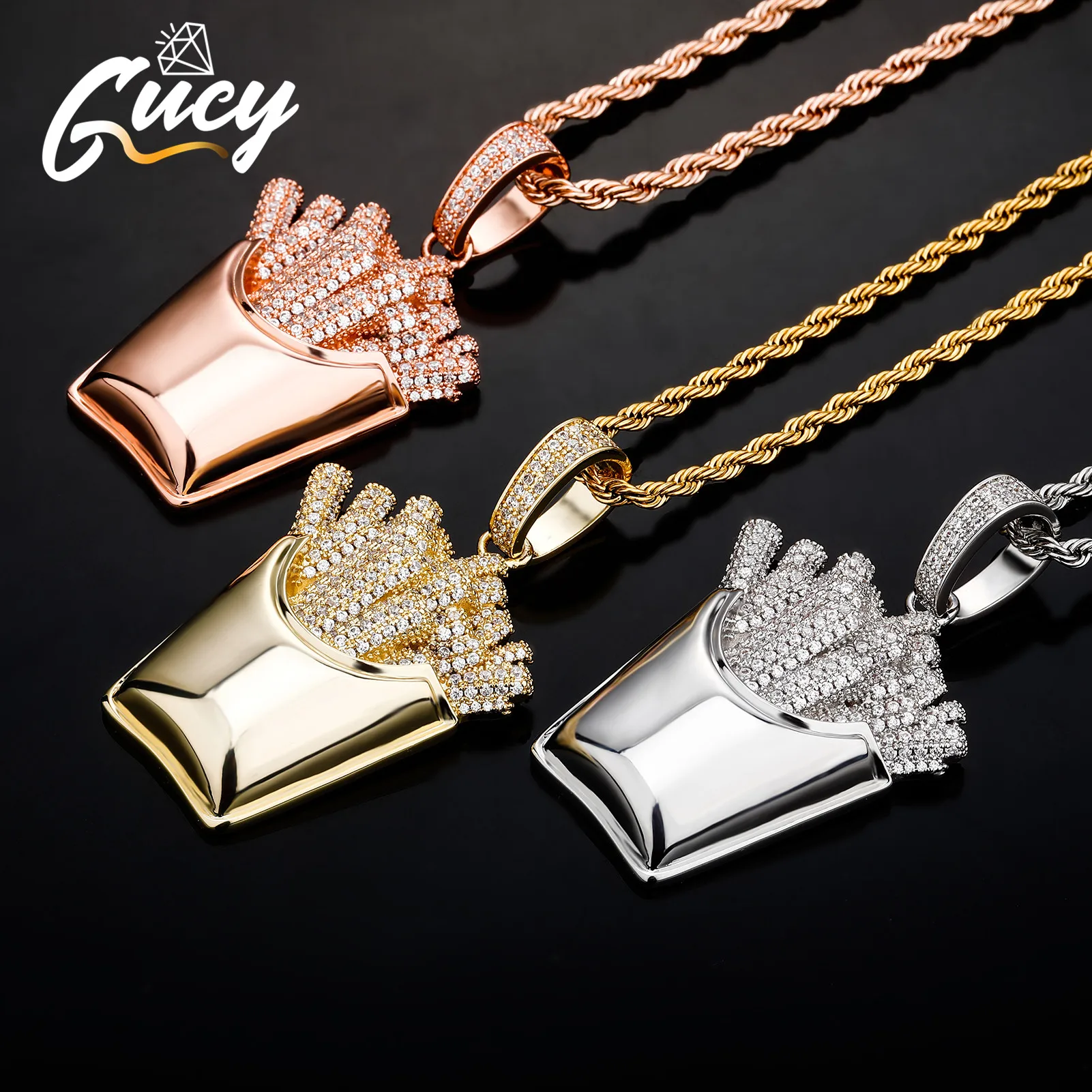 

GUCY French fries pendant Necklace With Tennis Chain Bling Cubic Zircon Men's Hip Hop Jewelry Charms For Gift