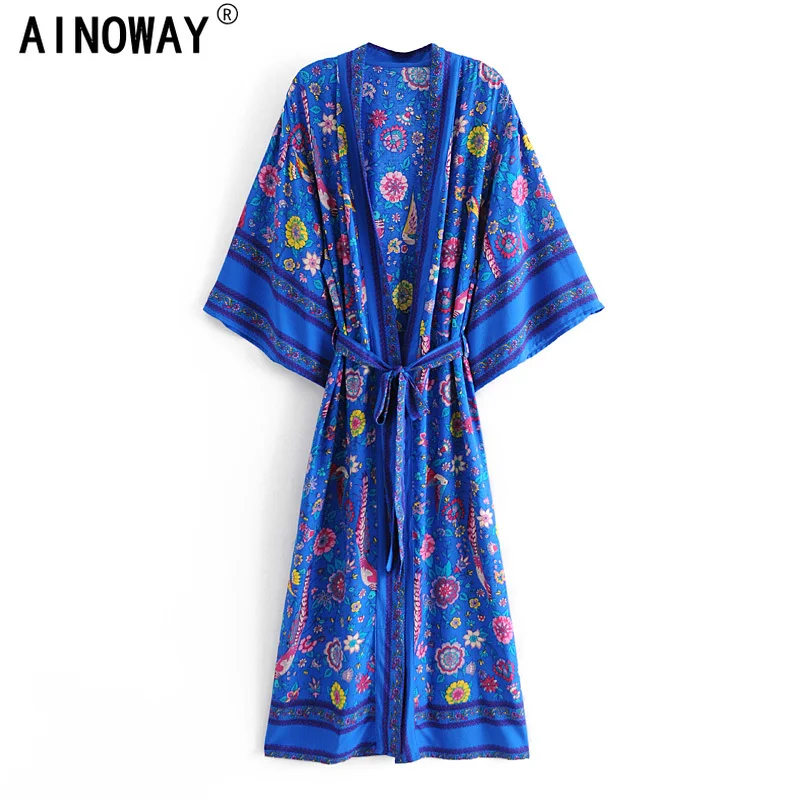 

FAKUNTN Peacock Floral Print Sashes bohemian Vintage chic Women Kimono Ladies V Neck batwing Sleeves blue Boho Maxi dress robe