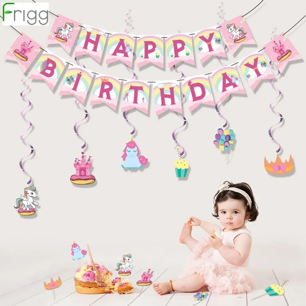 Розовый голубой единорог с днем рождения баннер 1st один год День Рождения Декор