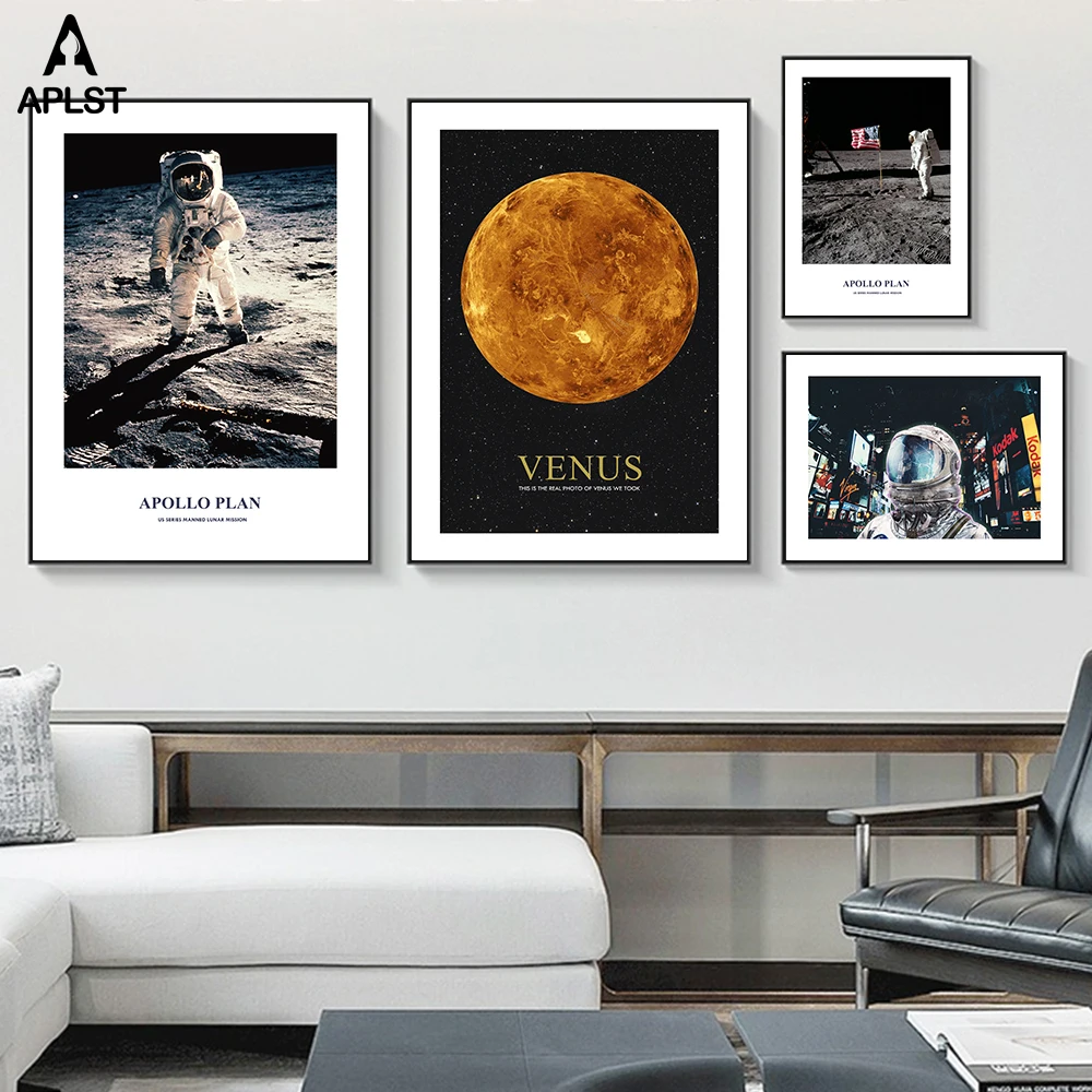Печать на холсте астронавт космосе Луна в стиле ретро и плакат пейзаж Нью Йорка