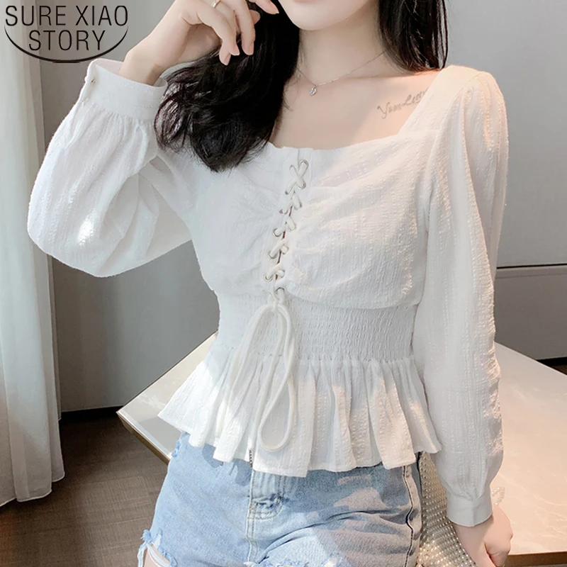 

Fashion Square Collar White Short Length Blouses Women Shirts 2021 Autumn Korean Lace-up Shirt Short Sleeve Chiffon Blouse 10584