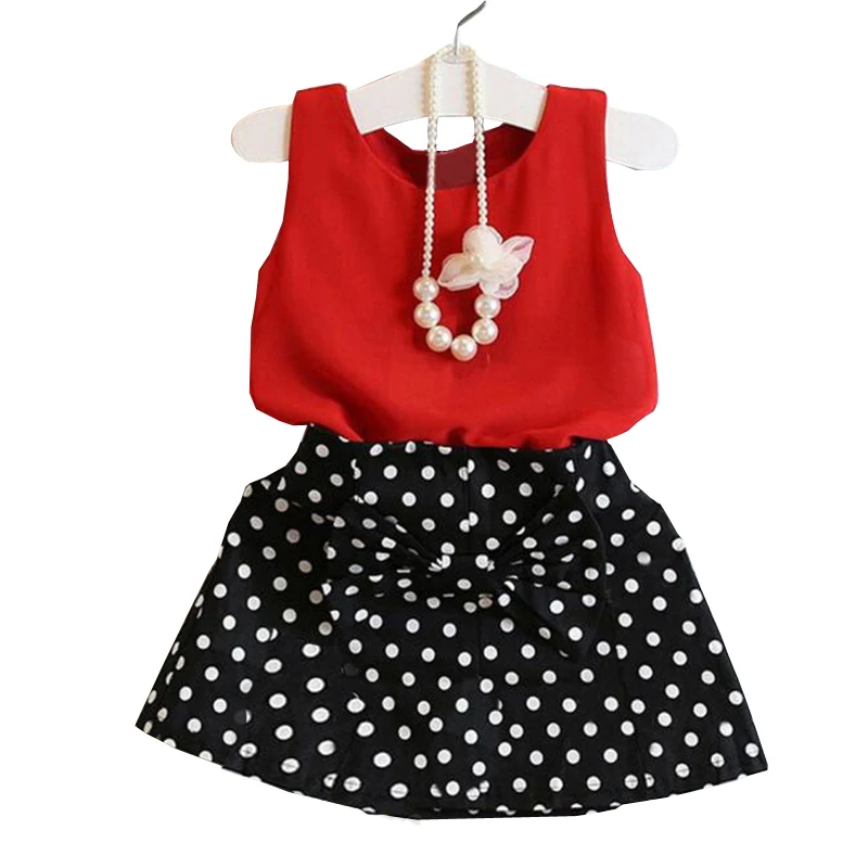 Летний комплект одежды для девочек красная жилетка юбка + черное плиссированное