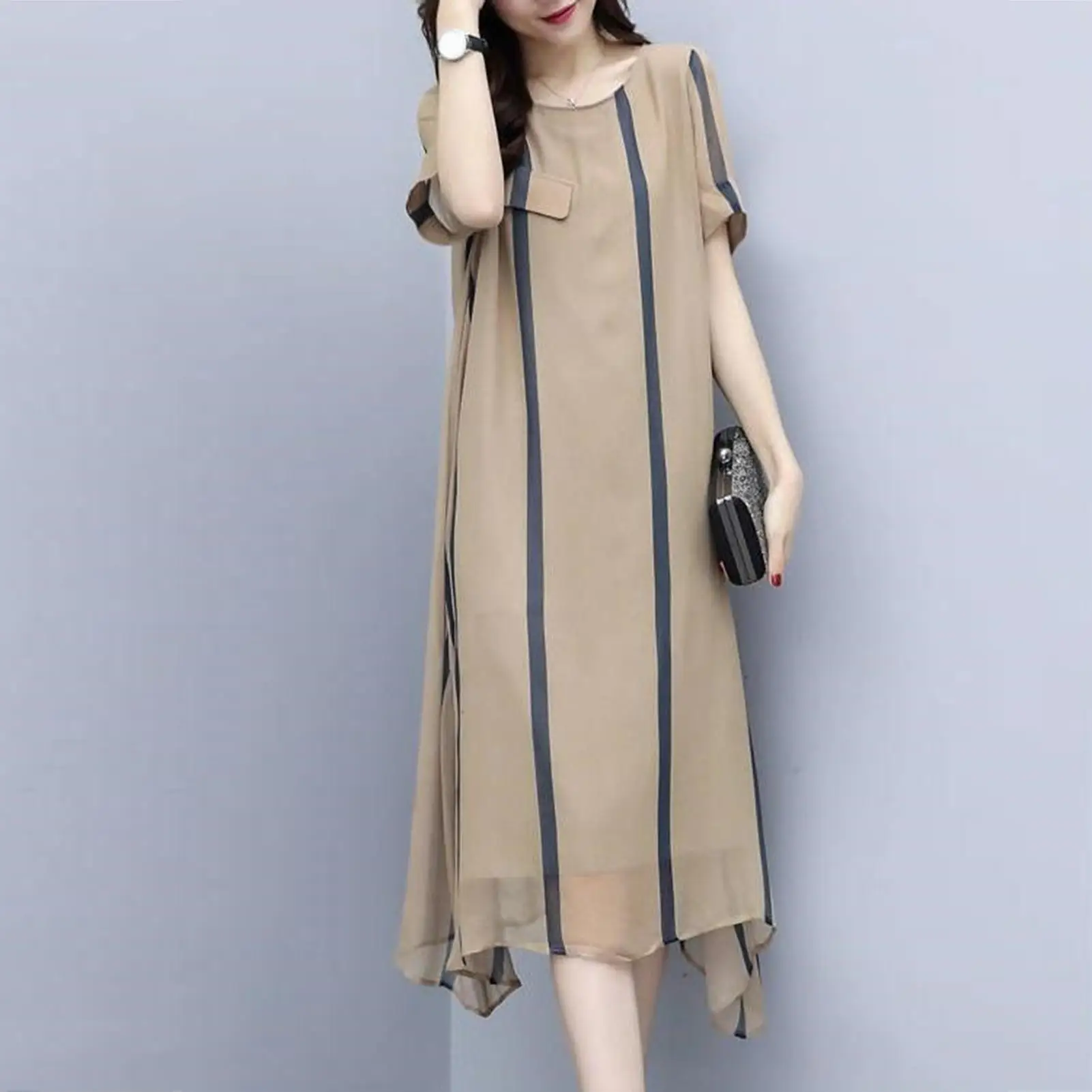

Korean Style Casual Women Short Sleeve O Neck Vertical Stripes Leisure Loose Knee-length Party Dress