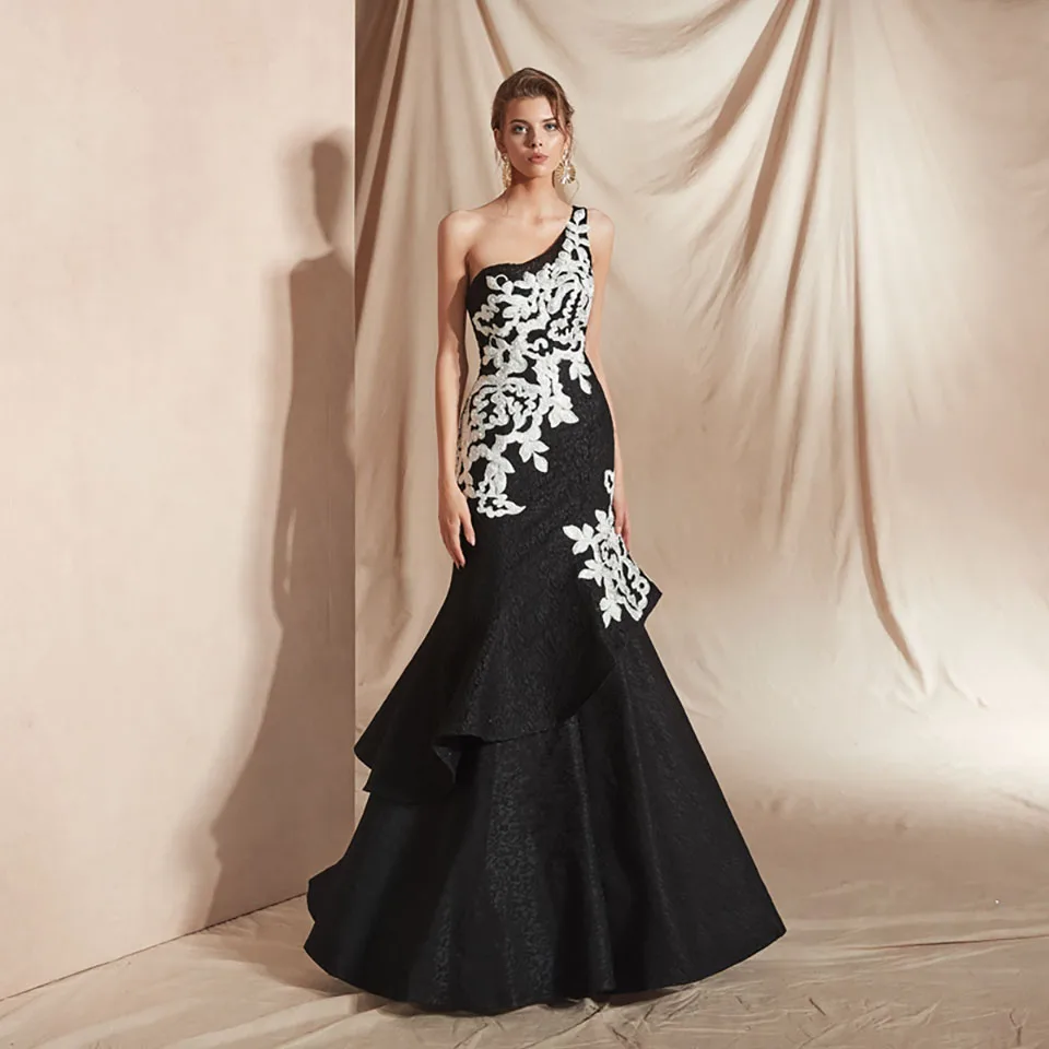 

One-Shoulder Sleeveless Floor-Length NONE Train Black Formal Dresses Lace Prom Party Gown Applique Evening Dress Mermaid Trumpet