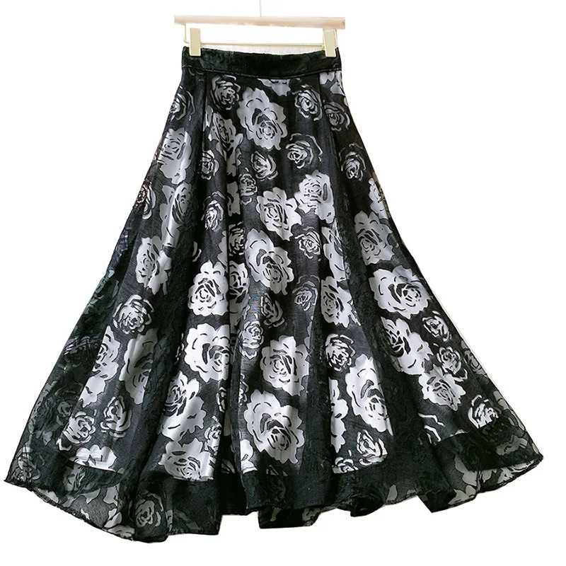 

High Waist Skirt Women Summer Rose Chic Cut High Waist A-line Skirt Vintage Jupe Longue Elegant Ladies Flower Midi Skirt Womens