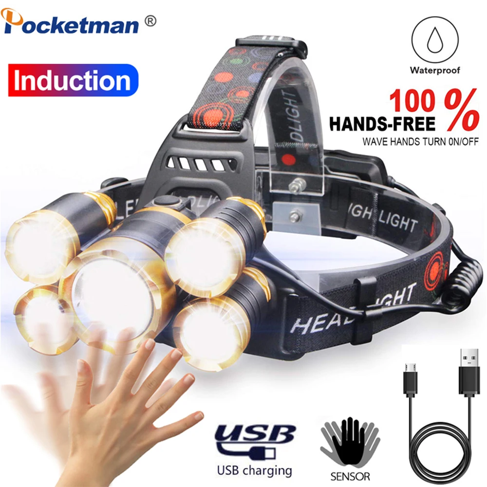 

LED headlamp headlights body motion sensor head lamp head flashlight head lanterns with USB for camping fishing