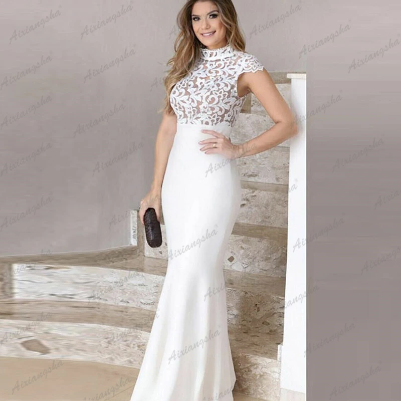 

Aixiangsha Elegant White Evening Dresses Mermaid High Neck Short Cap Sleeve Simple Lace Party Gowns Vestido De Fiesta