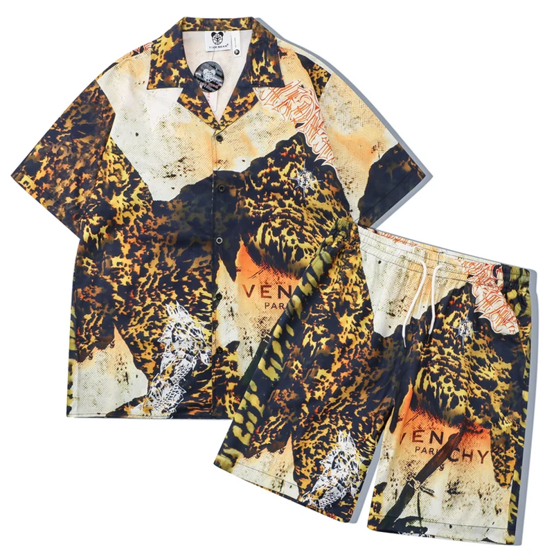 

Mens Short Sleeve Shirts Sets Vintage Leopard Print Button Blouses Tops 2022 Summer Oversize Unisex Casual Hawaiian Beach Set