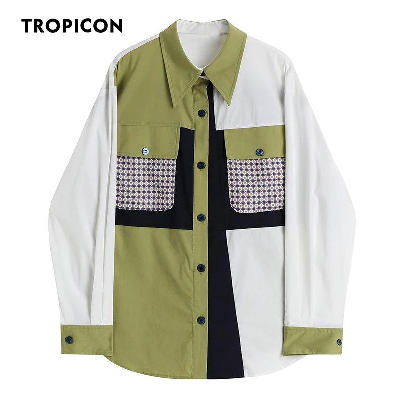 

TROPICON Designer Color Block Shirt Shacket Women Long Sleeve Top Green Patchwork Button Up Shirt Blouse Fall 2021 Fashion