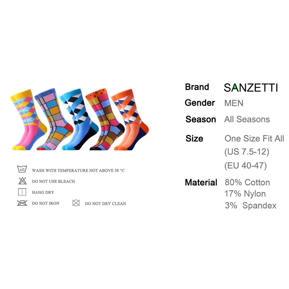 SANZETTI, 5 пар/партия, модные мужские хлопковые Повседневные носки, забавные Разноцветные носки для свадьбы, новые уличные длинные носки
