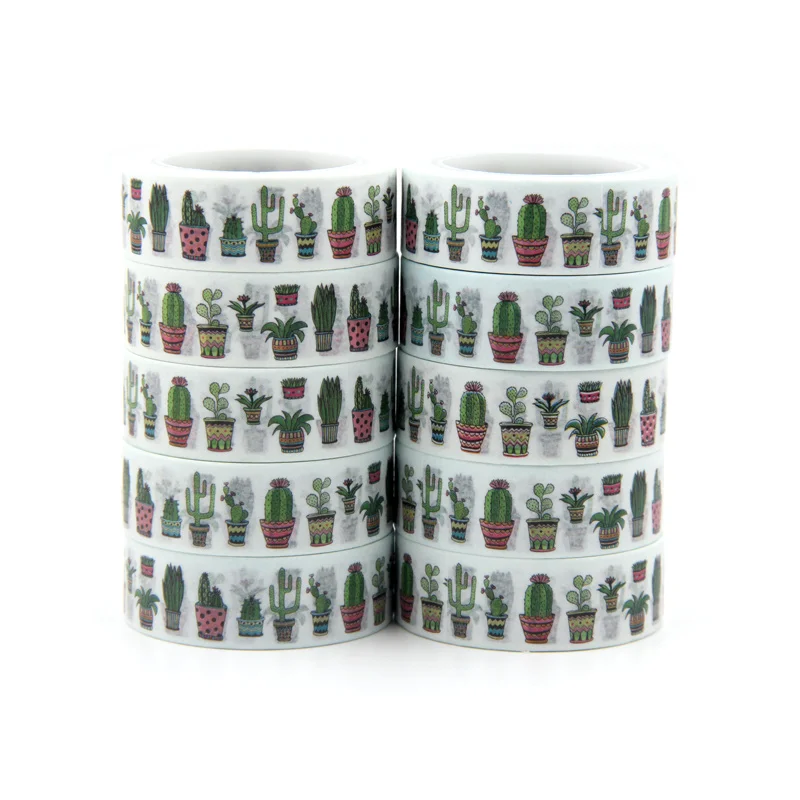New 10pcs/set 15MM*10M Green Cactus Plants Washi Tape Sticky Kawaii Scrapbooking Tools Masking Tape Christmas Photo Album Tapes