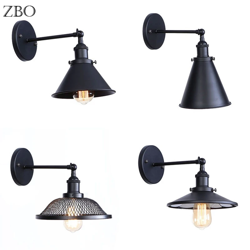 Винтажная настенная лампа E27 черный железный абажур осветительный