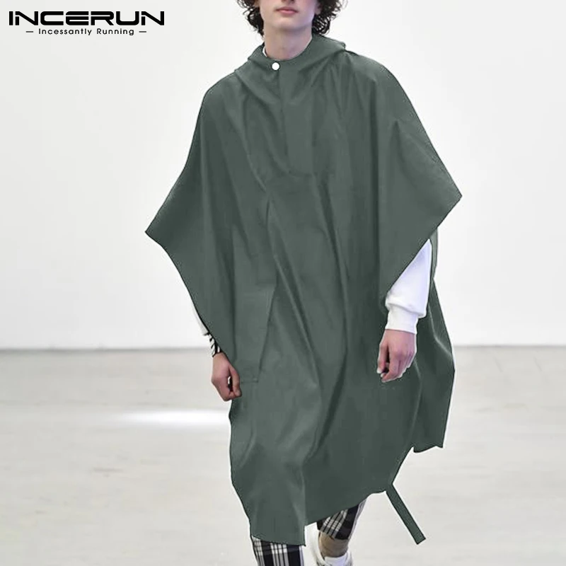 

Men Cloak Coats Solid Color Hooded 2021 Oversize Zipper Loose Ponchos Windbreakers Streetwear Casual Men Long Trench INCERUN 7
