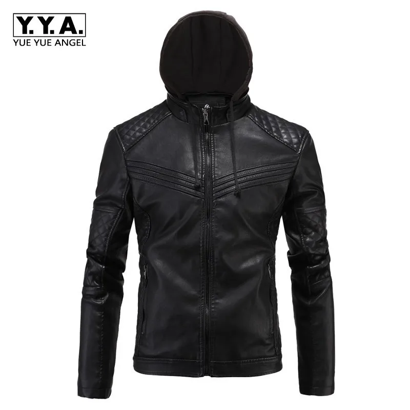 Мужская куртка из ПУ кожи с капюшоном модная теплая флисовой подкладкой в