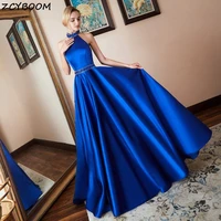 royal blue prom dresses eveving gowns satin women formal party night 2022 sleeveless halter neck elegant long robes de soir%c3%a9e