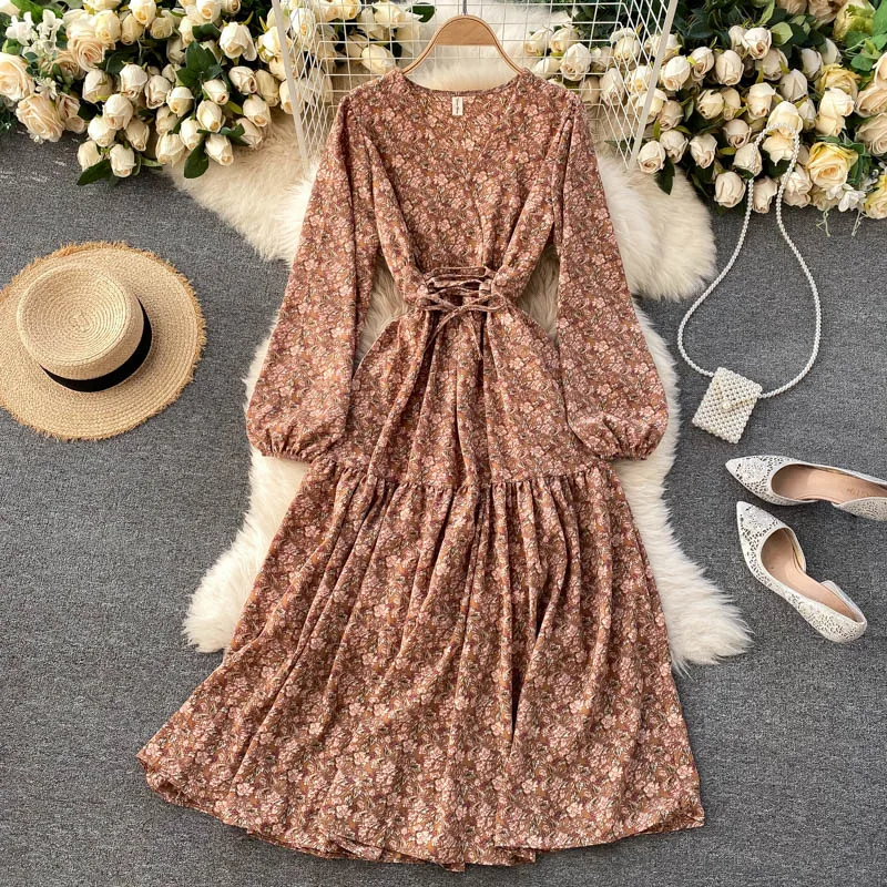 

Vintage Flower Print Drawstring Midi Dress Women Elegant V-Neck Long Sleeve High Waist Vestidos Female 2021 Spring Autumn New