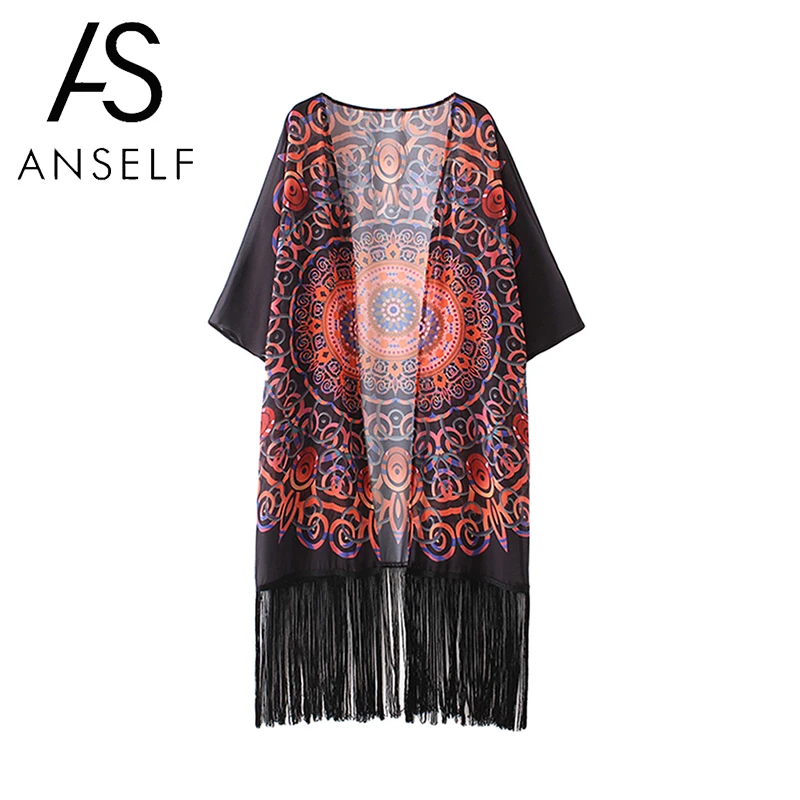 Женское шифоновое кимоно Anself винтажное с цветочным принтом бахромой и