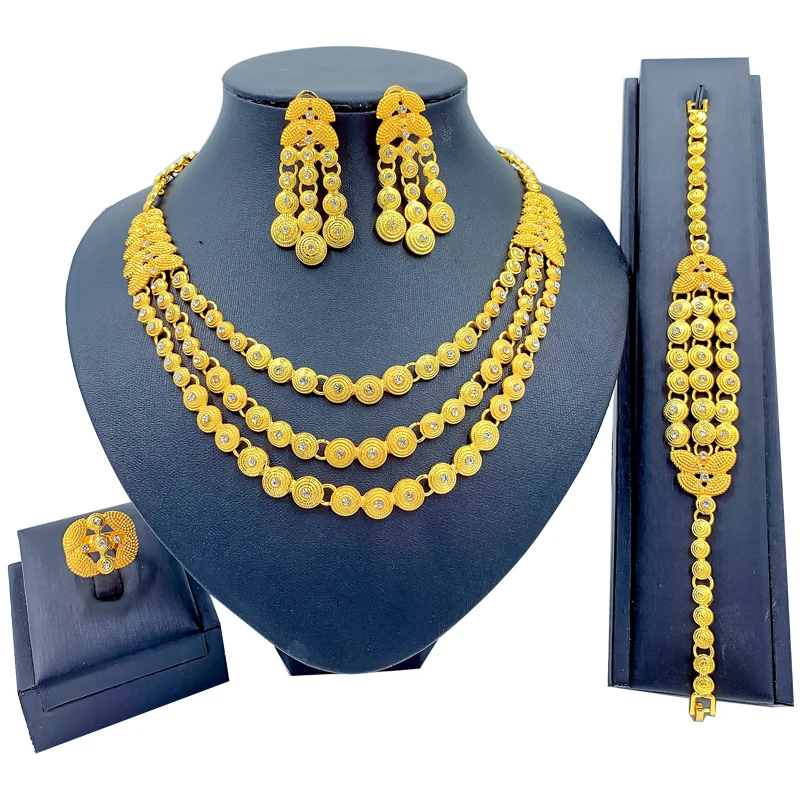 

African Crystal Necklace Classic Bracelet Stud Earrings Charm Bridal Wedding Gift Ring for Women Fashion Jewelry Sets
