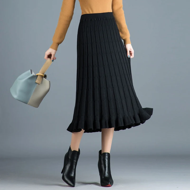 Юбка женская трикотажная плиссированная с высокой талией на осень/зиму|Женские