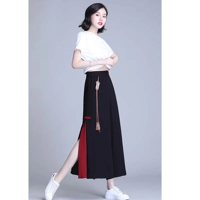 

Trousers Summer Chinese Dragon Embroidery Black Pants Loose Casual Retro Traditional Chiffon 2021 New Street Wear Wide Leg