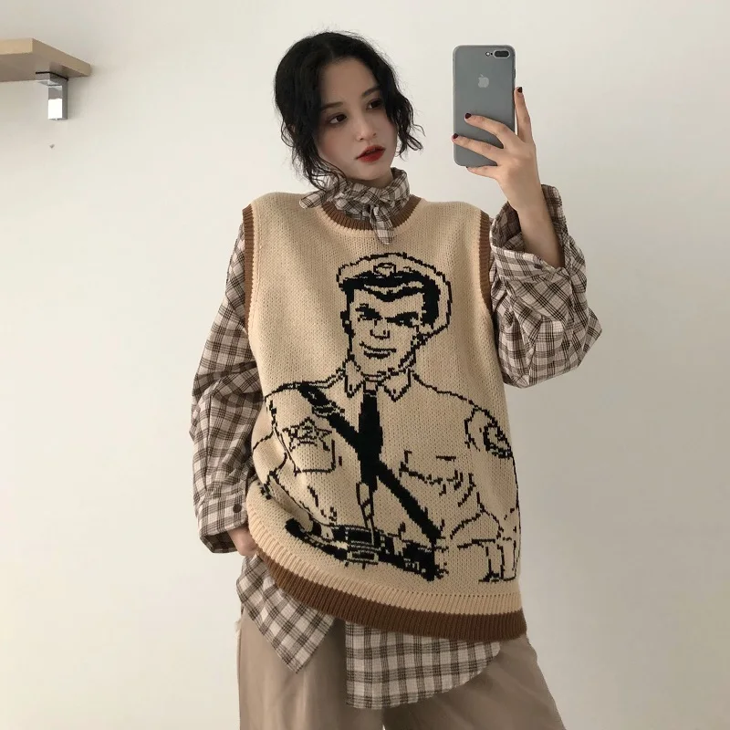 Vintage Cartoon Printed Knitted Sweater Vest Casual Sleeveless Loose Pullover Tank Tops Female Oversized Pullovers Femme