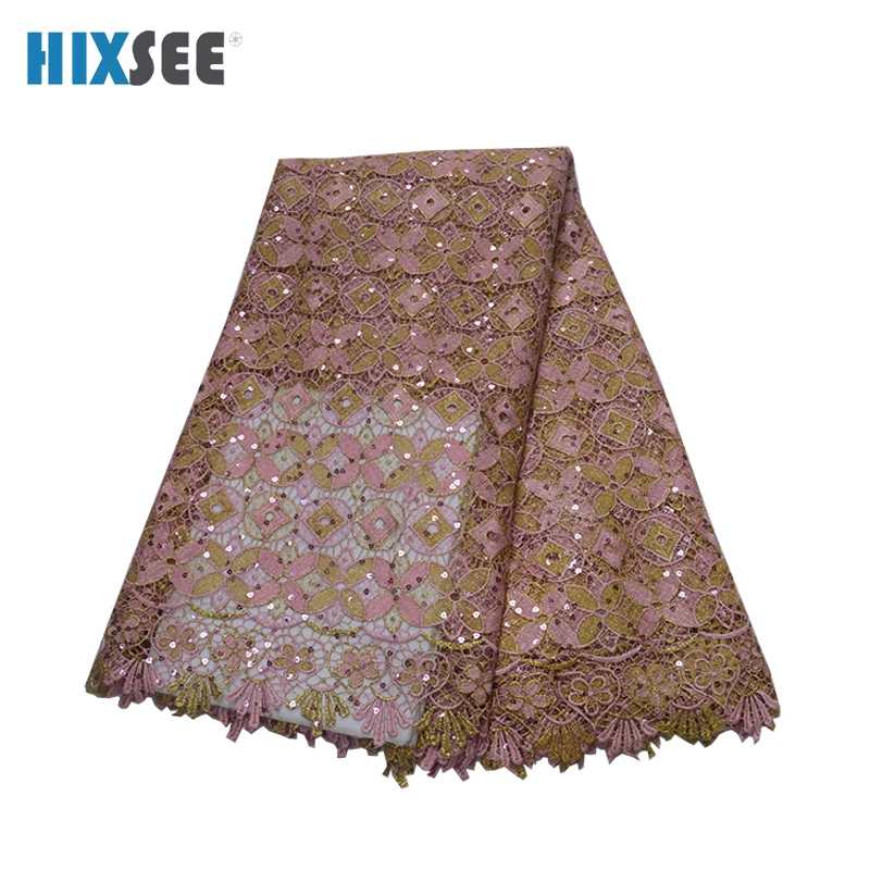 Детское розовое гипюровое кружево с блестками во французском кружевном платье