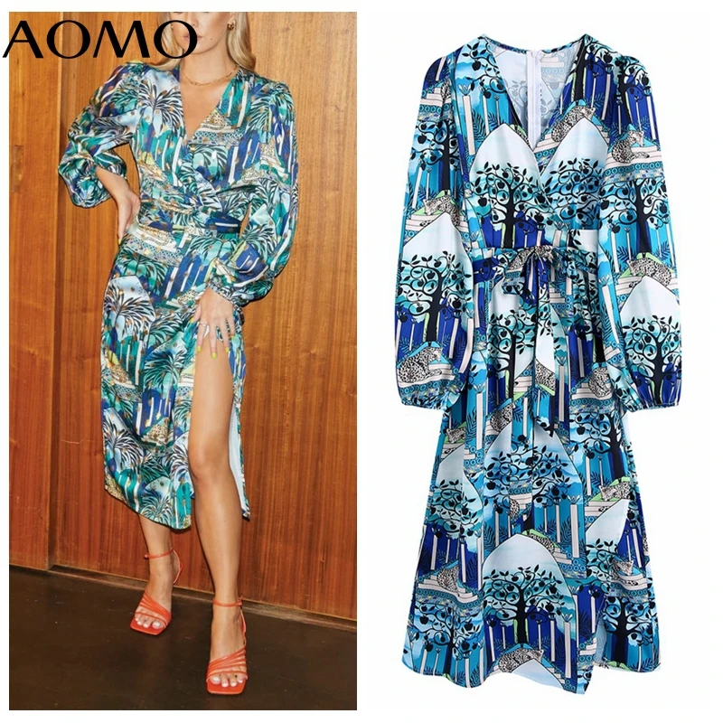 

AOMO 2021 Fashion Women Print Dress with Slash Long Sleeve French Style Ladies Vintage Dress CE215A