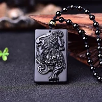natural black obsidian tiger pendant necklace beads fashion charm jewellery hand carved chinese lucky amulet for men women gifts