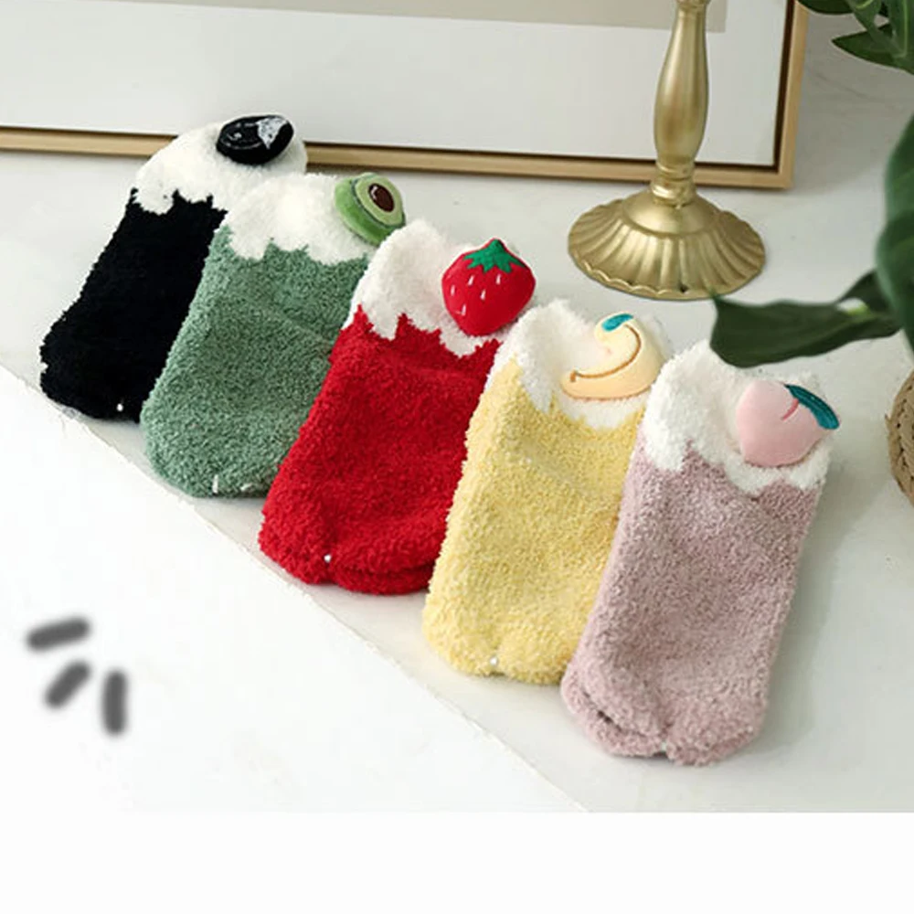 

New Year Cute fruit Avocado Peach Christmas socks Gift 3D Fluffy Coral Velvet Fleece Thick Warm Winter Sock Women gift