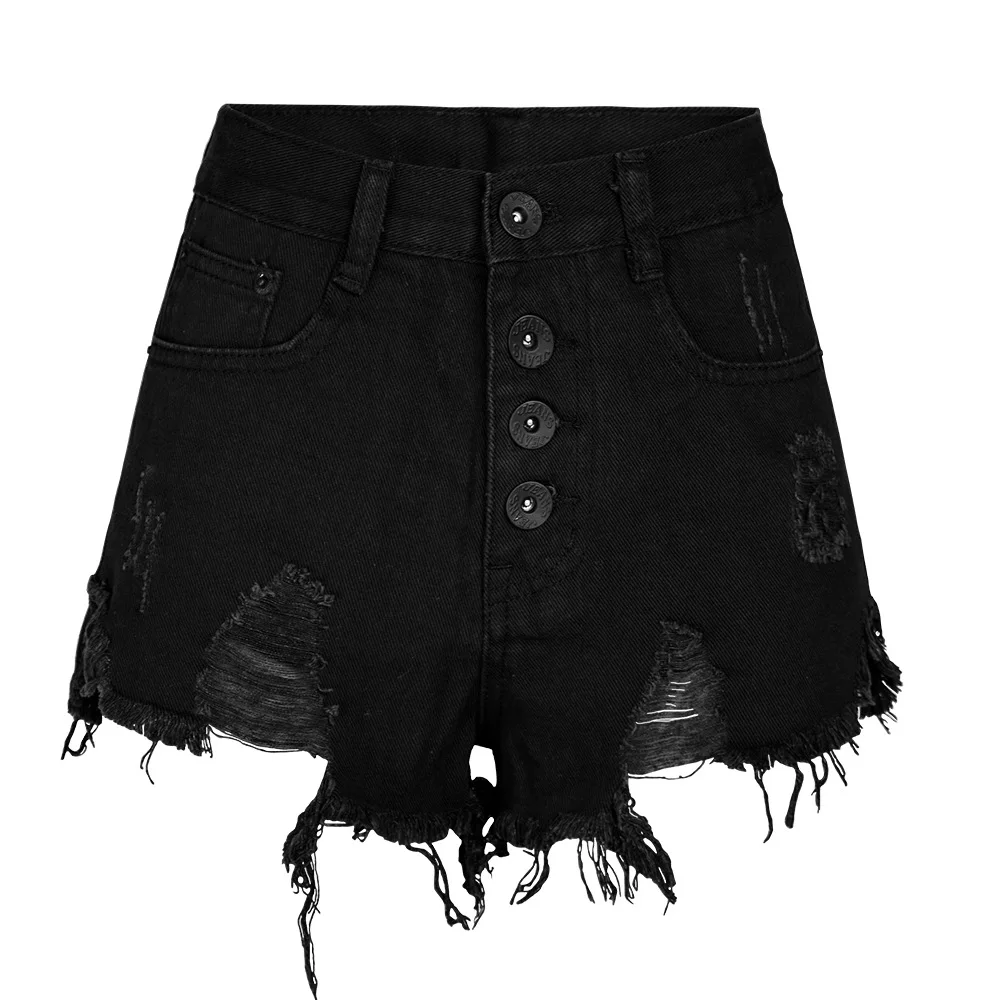 

Ring high waist button open hole tassel black white denim shorts summer women's wear