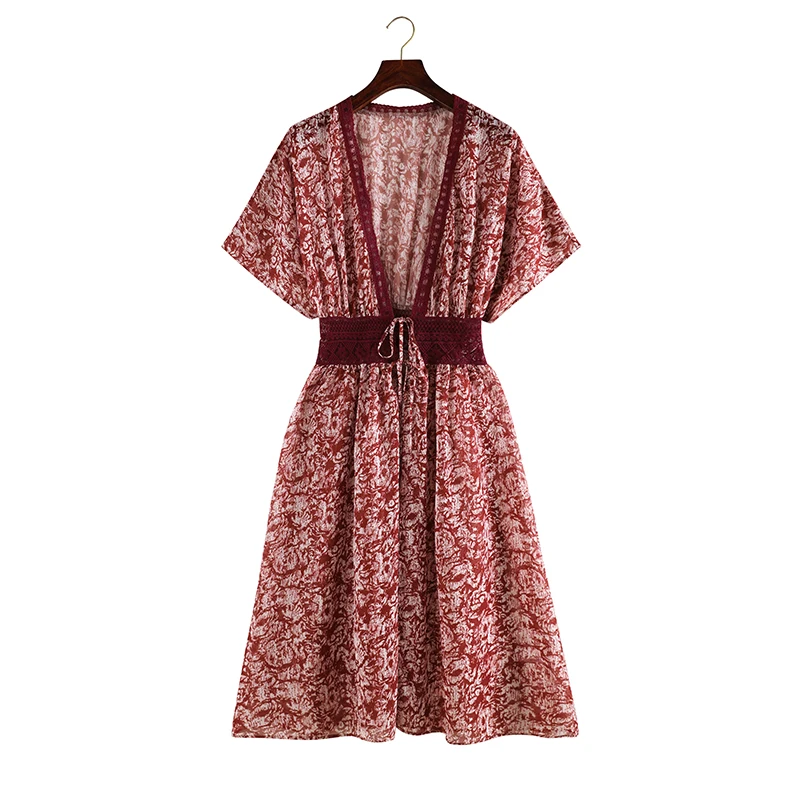 

2021 summer Bohemian Print Chiffon high waist cardigan beach sunscreen cardigan kimono dress
