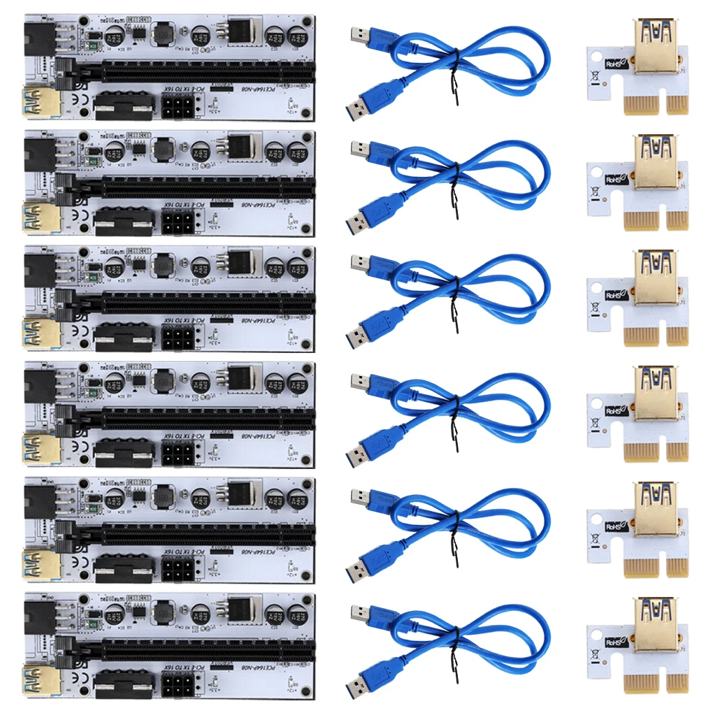 

6PC VER010-X PCIeX1 to X16 Riser Card PCI-E 1X to 16X USB 3.0 Extender cabo 0.6M USB 3.0 Cable SATA to 6Pin Power for Video Card