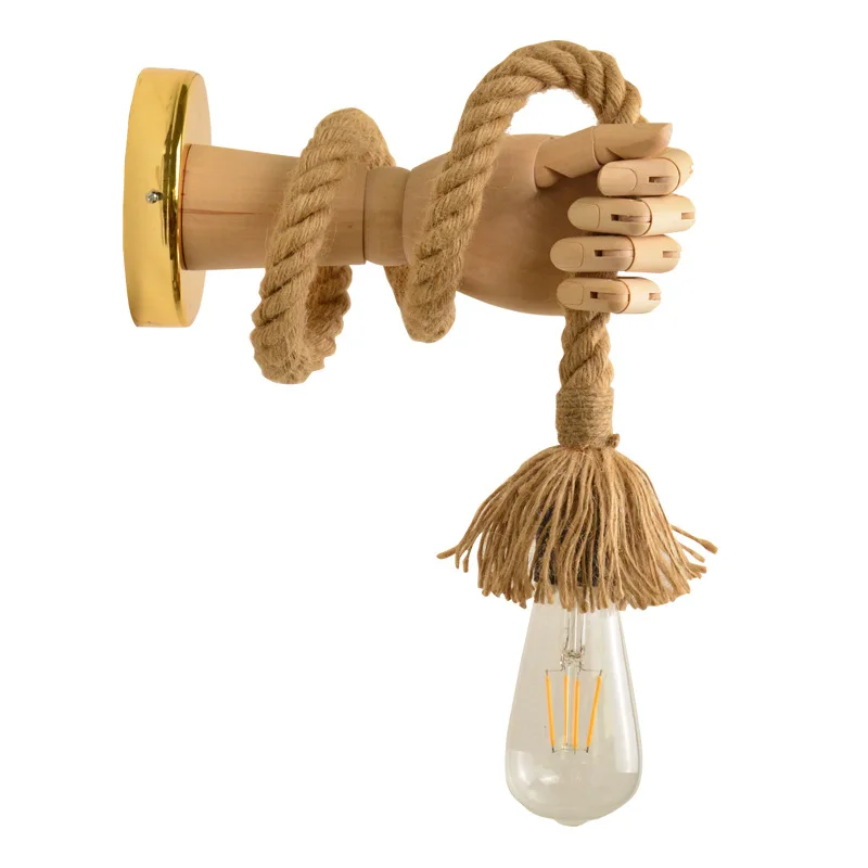 

Retro Industrial Style Hemp Rope Wall Light Fixture Simple Creative Hand Shape Wall Lamps Corridor Aisle Indoor E27 Vanity Light