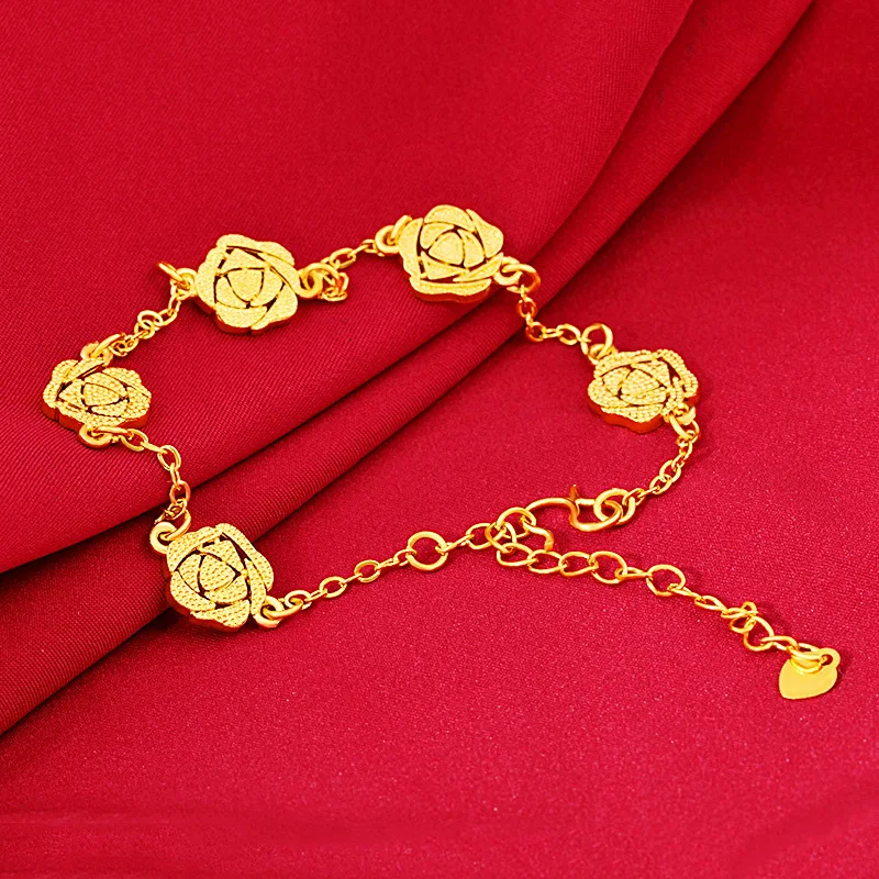 

24k Yellow Gold Rose Bud Bracelet for Women Bridal Gold Bracelets Bangles Birthday Wedding Party Fine Jewelry Gifts Not Fade