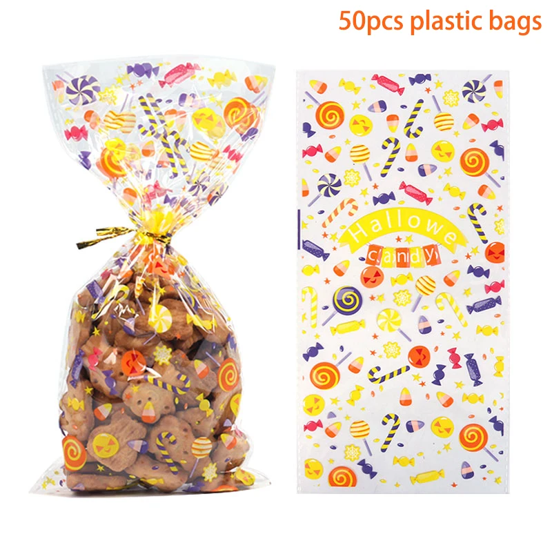 

50pcs Clear Cellophane Packing Bag Halloween Party Decor Trick or Treat Bags Bat Witch Spider Printed Plastic Candy Gift Bags