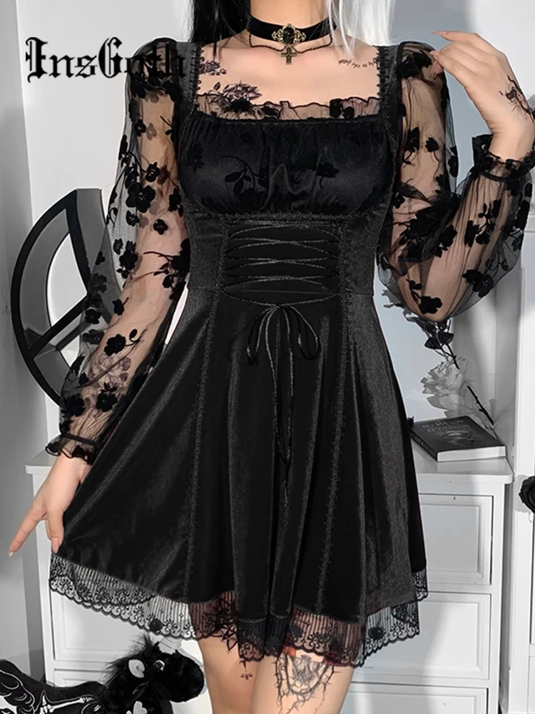 Винтажное черное бархатное платье InsGoth в готическом стиле на шнуровке эстетичные