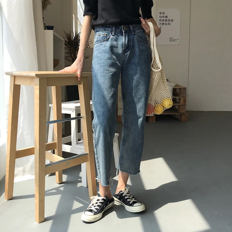 

Женские прямые джинсы с высокой талией, свободные универсальные укороченные джинсы в корейском ретро-стиле, весна-осень 2021