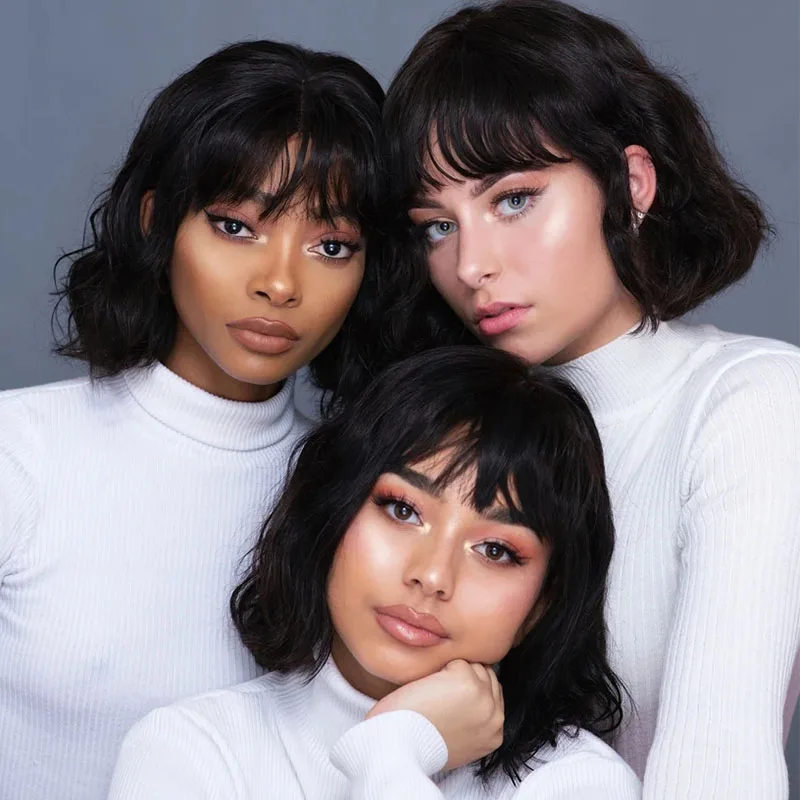 

Brown Synthetic Wig Lolita Medium Bob Wig With Bangs Cosplay Water Wave SyntheticHair Wigs For Women European and American style